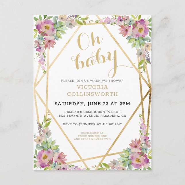 Söt Rosa Blommigt Guld Geometric Baby Shower in Inbjudan Vykort (Framsida)