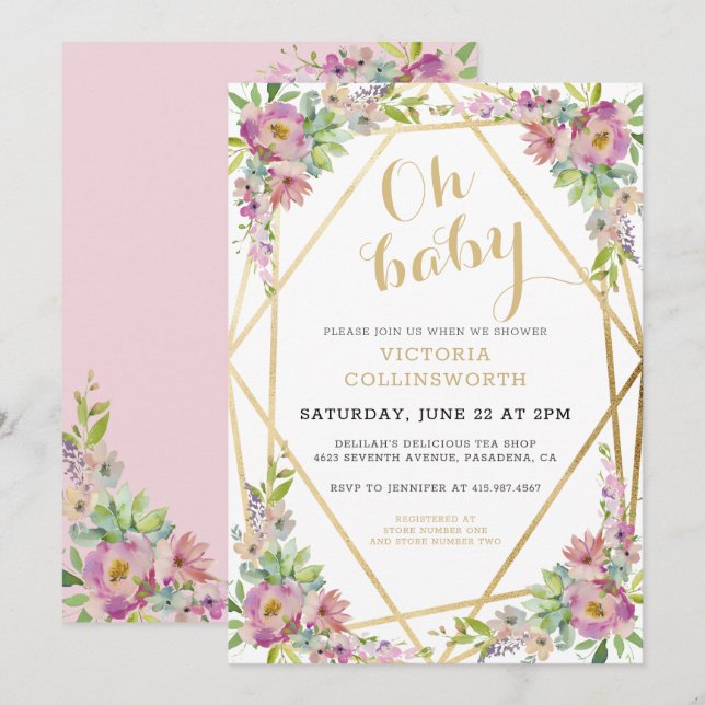 Söt Rosa Blommigt Guld Geometric Baby Shower Inbjudningar (Fram/baksida)