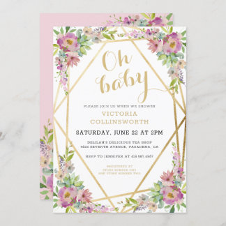 Söt Rosa Blommigt Guld Geometric Baby Shower Inbjudningar