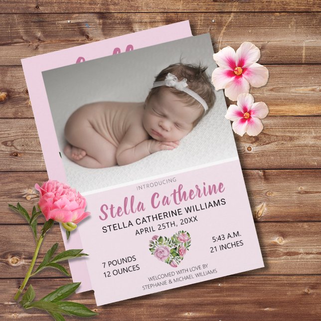 Söt Rosa Blommigt Heart Baby Fotofödelse Meddelande (Hello World Sweet Pink Floral Heart Birth Announcement Photo Card)