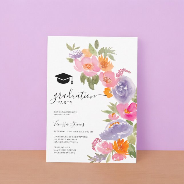 Söt rosa blommigt lila  studenten   inbjudningar (Pretty pink purple floral photo graduation invitation)