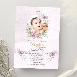 Söt Rosa Blommigt med Photo Baptism-inbjudan Inbjudningar