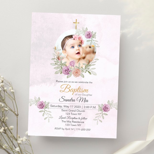 Söt Rosa Blommigt med Photo Baptism-inbjudan Inbjudningar (Sweet Pink Floral with photo Baptism Invitation)