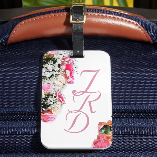 Söt Rosa Blommigt Monogrammed stopptagg Bagagebricka (Skapare uppladdad)