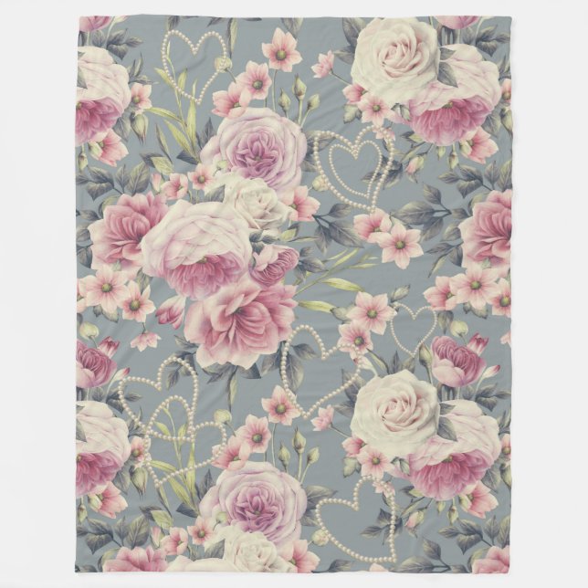 Söt Rosa Blommigt och Pearl Hearts Mönster Fleecefilt (Framsidan)