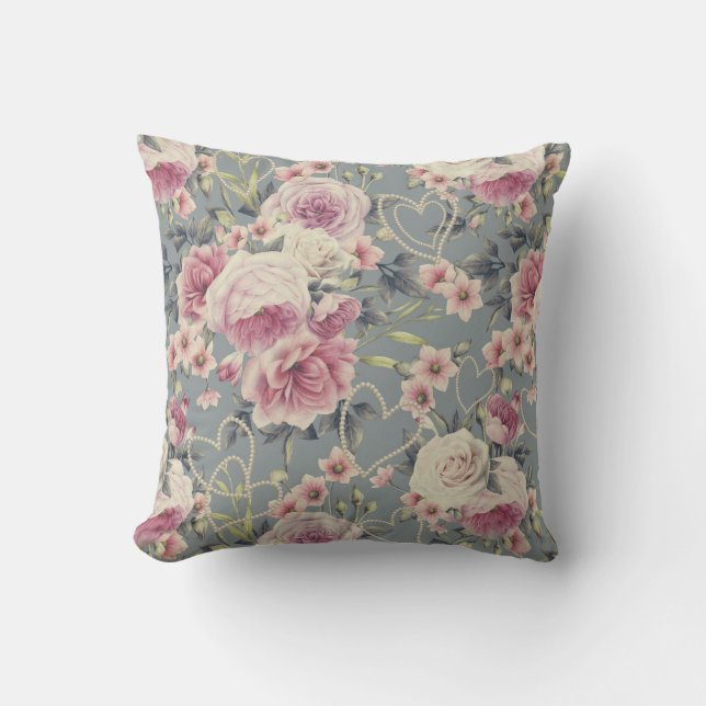 Söt Rosa Blommigt och Pearl Hearts Mönster Kudde (Framsida)
