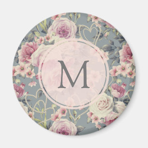 Söt Rosa Blommigt och Pearls Girly Monogram Magnet