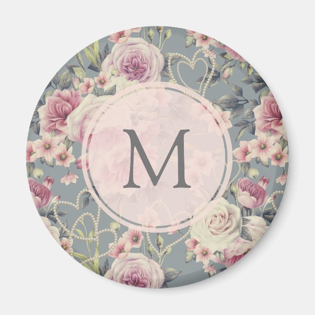 Söt Rosa Blommigt och Pearls Girly Monogram Magnet (Framsidan)