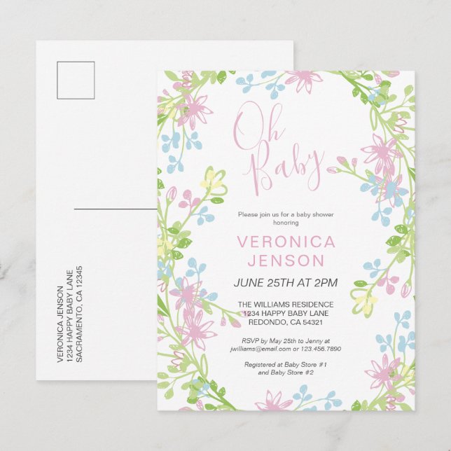 Söt Rosa Blommigt Oh Flicka Baby Shower Inbjudan Vykort (Fram/baksida)