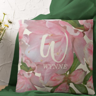 Söt Rosa Blommigt Photo Ivory Monogram Namn Kudde