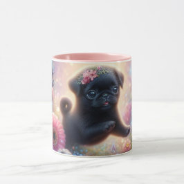 Söt Rosa Blommigt Pug Coffee Mugg