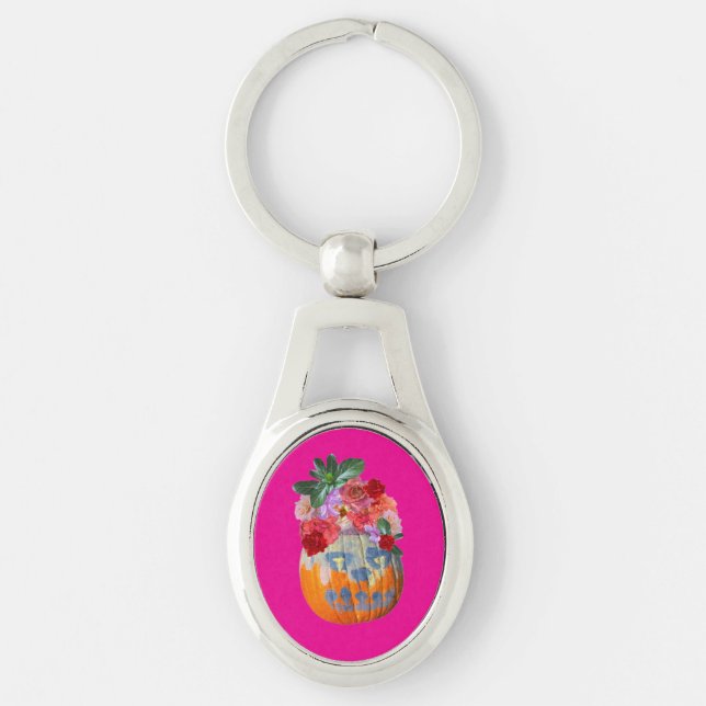 Söt Rosa Blommigt Pumpkin Keychain Ovalt Silverfärgad Nyckelring (Framsidan)