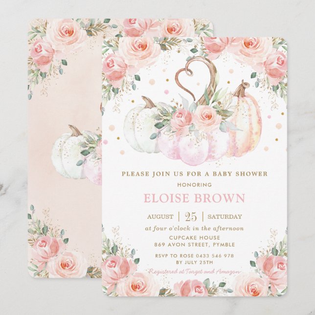 Söt  Rosa Blommigt Pumpkins Baby Shower Inbjudningar (Fram/baksida)