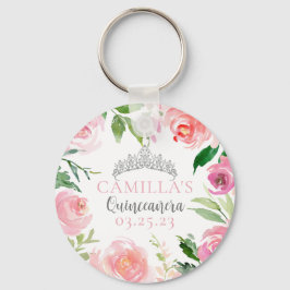 Söt Rosa Blommigt Quinceañera Silver Tiara Party Nyckelring