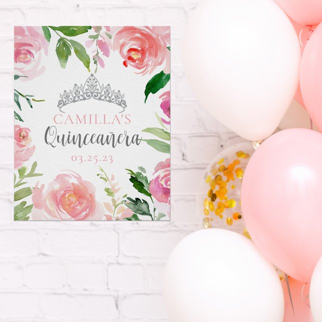 Söt Rosa Blommigt Quinceañera Silver Tiara Party Poster (Skapare uppladdad)
