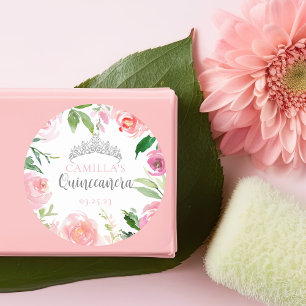 Söt Rosa Blommigt Quinceañera Silver Tiara Party Runt Klistermärke
