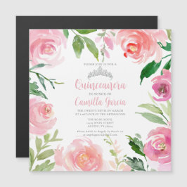 Söt Rosa Blommigt Quinceañera Silver Tiara Square Magnetisk Inbjudningskort