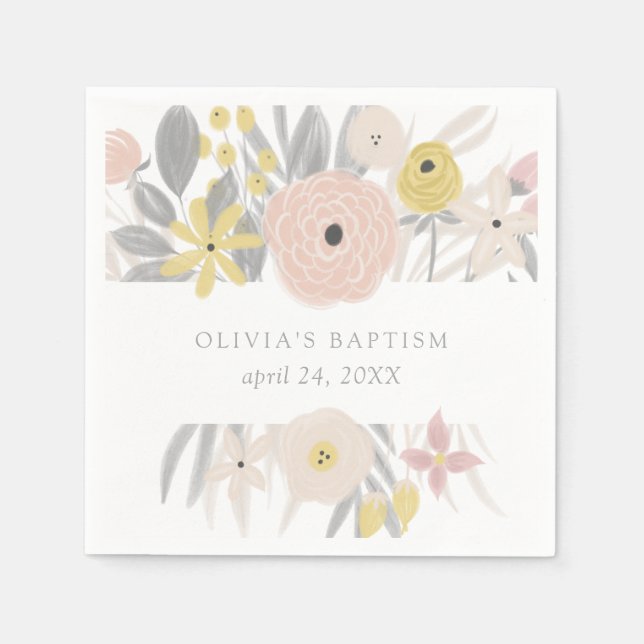 Söt Rosa Blommigt Ram | Baptism Pappersservett (Framsidan)