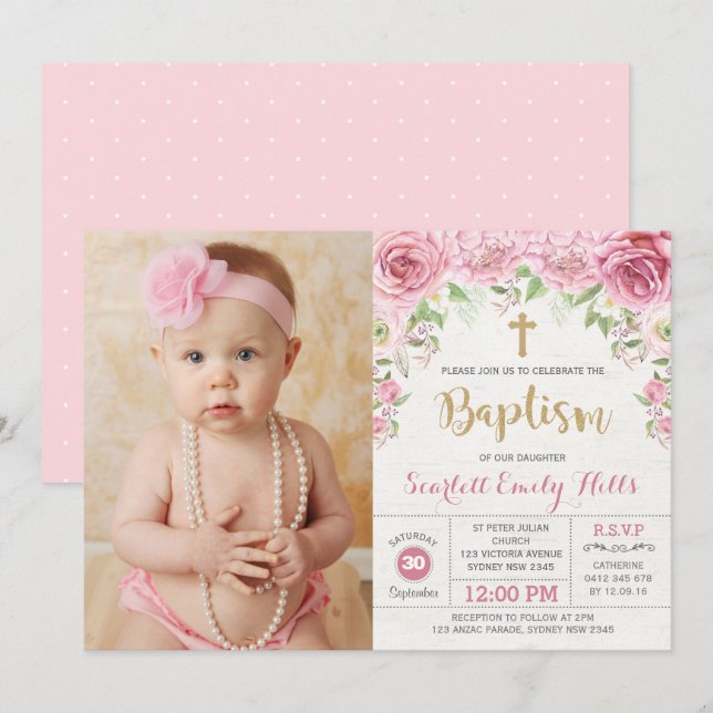 Söt Rosa Blommigt Ro Girl Girl Baptism Photo Inbjudningar (Fram/baksida)