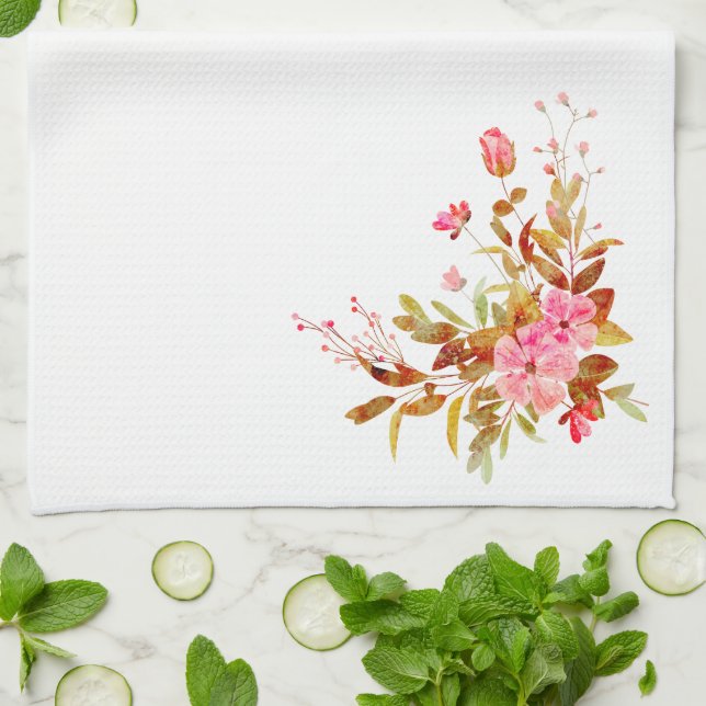 Söt Rosa Blommigt Ro Löv Kökshandduk (Vikta)