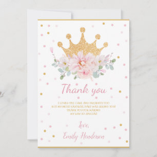 Söt Rosa Blommigt Royal Krona Princess Birthday T Tack Kort