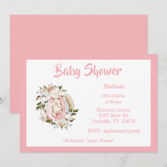 Söt Rosa Blommigt Script Girl Baby Shower Inbjudningar (Fram/baksida)