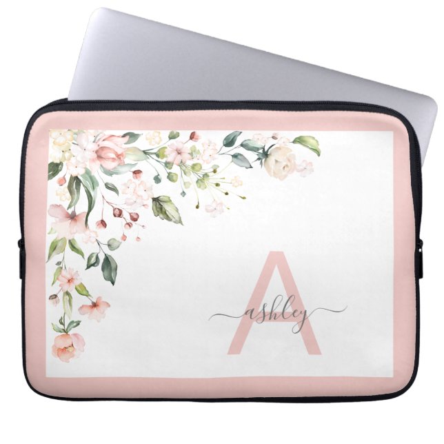 Söt Rosa Blommigt Skript Monogram Initial Namn Laptop Fodral (Framsidan)