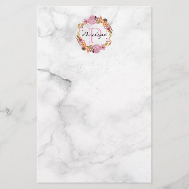 Söt Rosa Blommigt Utandning Monogram Brevpapper (Framsida)