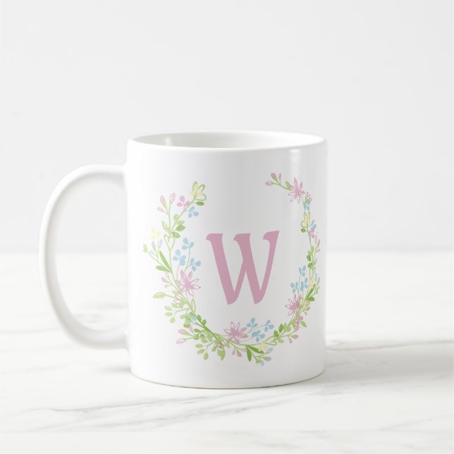 Söt Rosa Blommigt Utandning Monogram Kaffemugg (Vänster)