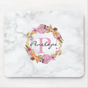 Söt Rosa Blommigt Utandning Monogram Musmatta