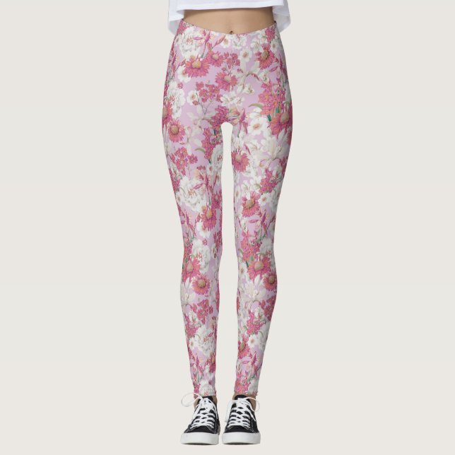 Söt Rosa Blommönster för färgstark Lila Leggings (Framsida)