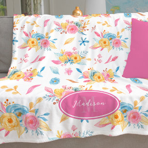 Söt Rosa Blommönster Monogramme Fleecefilt