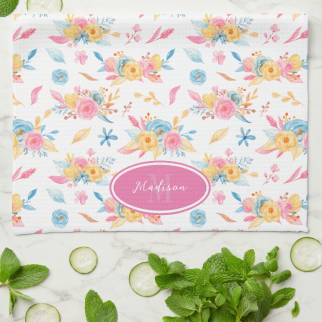 Söt Rosa Blommönster Monogramme Kökshandduk (Vikta)