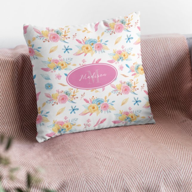 Söt Rosa Blommönster Monogramme Kudde (Skapare uppladdad)