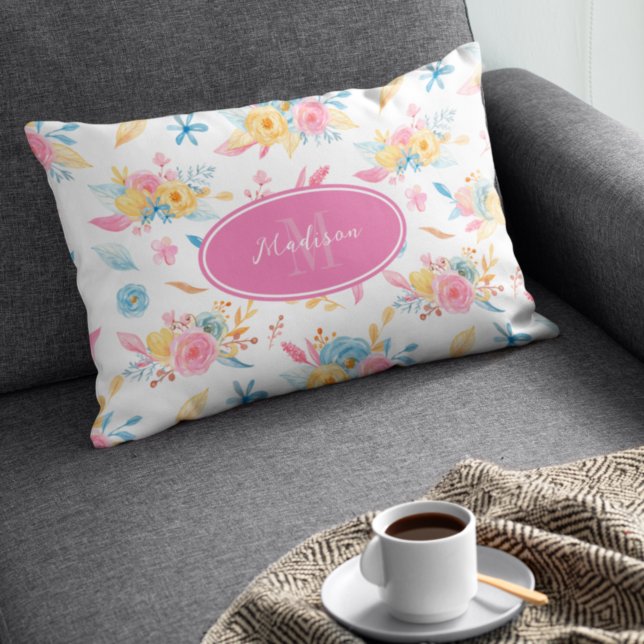 Söt Rosa Blommönster Monogramme Prydnadskudde (Skapare uppladdad)