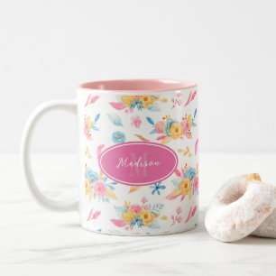 Söt Rosa Blommönster Monogramme Två-Tonad Mugg