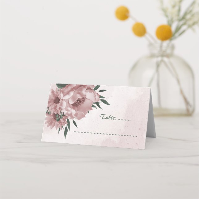 söt rosa blommor botaniska bröllop placeringskort (Framsida)