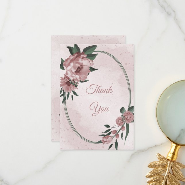 söt rosa blommor botaniska bröllop tack kort (Fram/Back In Situ)