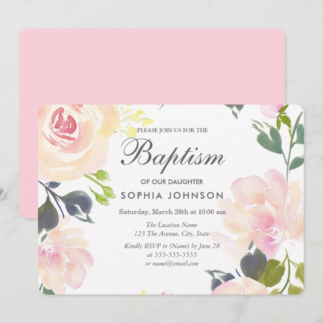 Söt Rosa  blommor Flicka Baptism Inbjudan (Fram/baksida)
