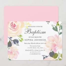 Söt Rosa  blommor Flicka Baptism Inbjudan
