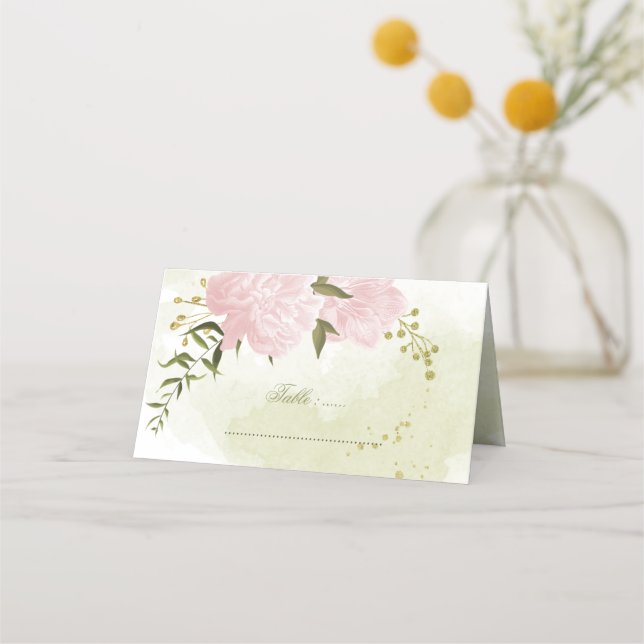 söt rosa Blommor grönt löv Placeringskort (Framsida)