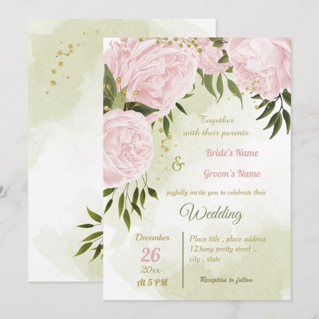 söt rosa blommor i grönt geometriskt bröllop inbjudningar (Fram/baksida)