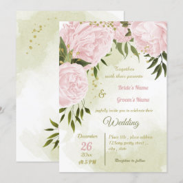 söt rosa blommor i grönt geometriskt bröllop inbjudningar