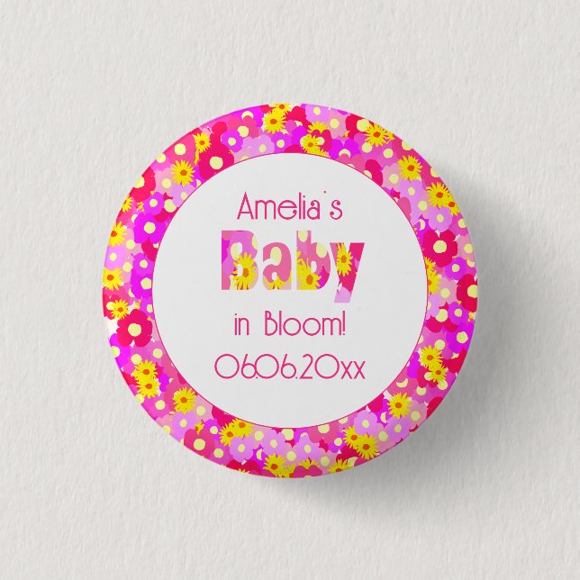 Söt Rosa Blommor Personlig Baby Shower Knapp (Framsida)
