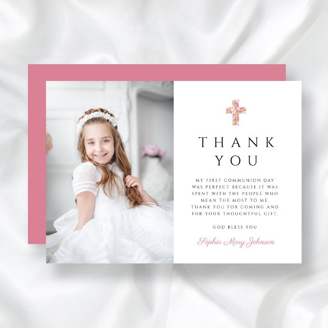 Söt rosa blomsterkors fotoflicka första kommunion tack kort (Cute Pink Floral Cross Photo Girl First Communion Thank You Card)