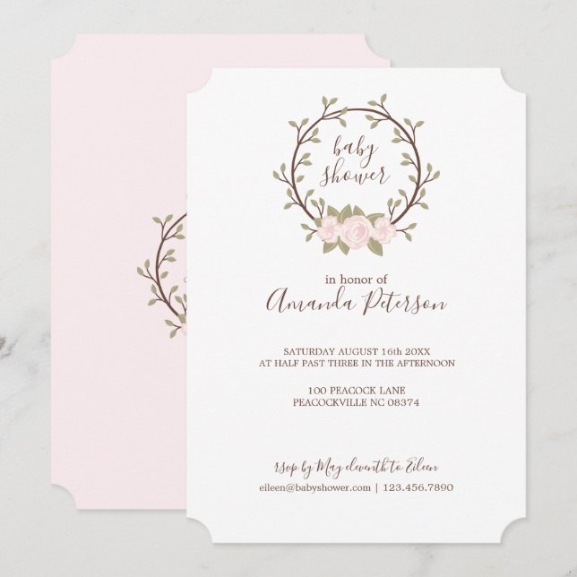 Söt rosa blomsterkrans Baby Shower Inbjudningar (Fram/baksida)