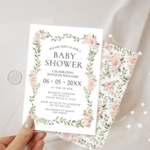Söt rosa blomsterkrans bohemisk babyflicka shower inbjudningar