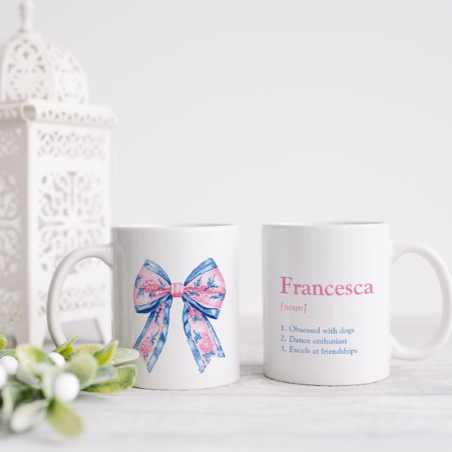 Söt Rosa & Blue Chinoiserie Bow Friend Kaffemugg (Pretty bow mug for the female in your life.  Add their name on the reverse with three positive notes)