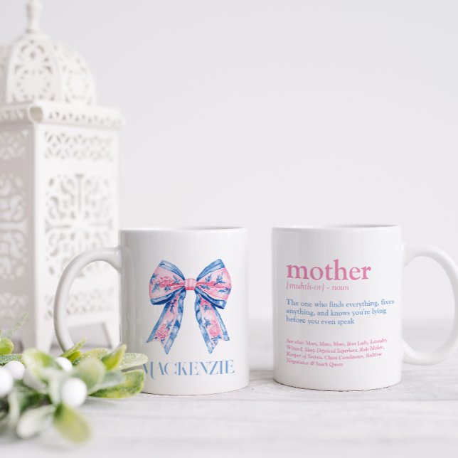 Söt Rosa & Blue Chinoiserie Bow Mor Kaffemugg (Pretty double sided mug with mother definition on one side and bow and moms name on the other)