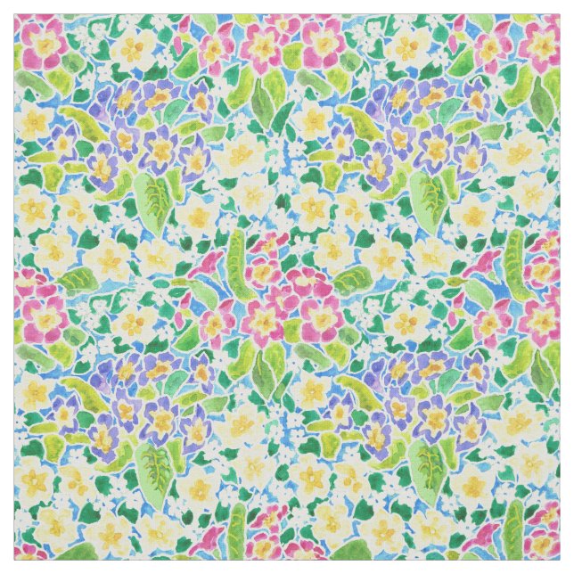 Söt Rosa Blue Gult Primroses Blommigt Fabric Tyg (Provkarta)